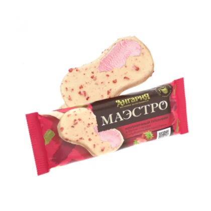 Мороженое эскимо 80гр Маэстро клубника в бел глазури 15% м/у Ангария